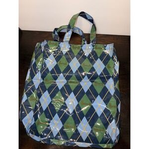 Vintage Harrods Tote Bag Argyle Print Vinyl Coated Carry All Tote
